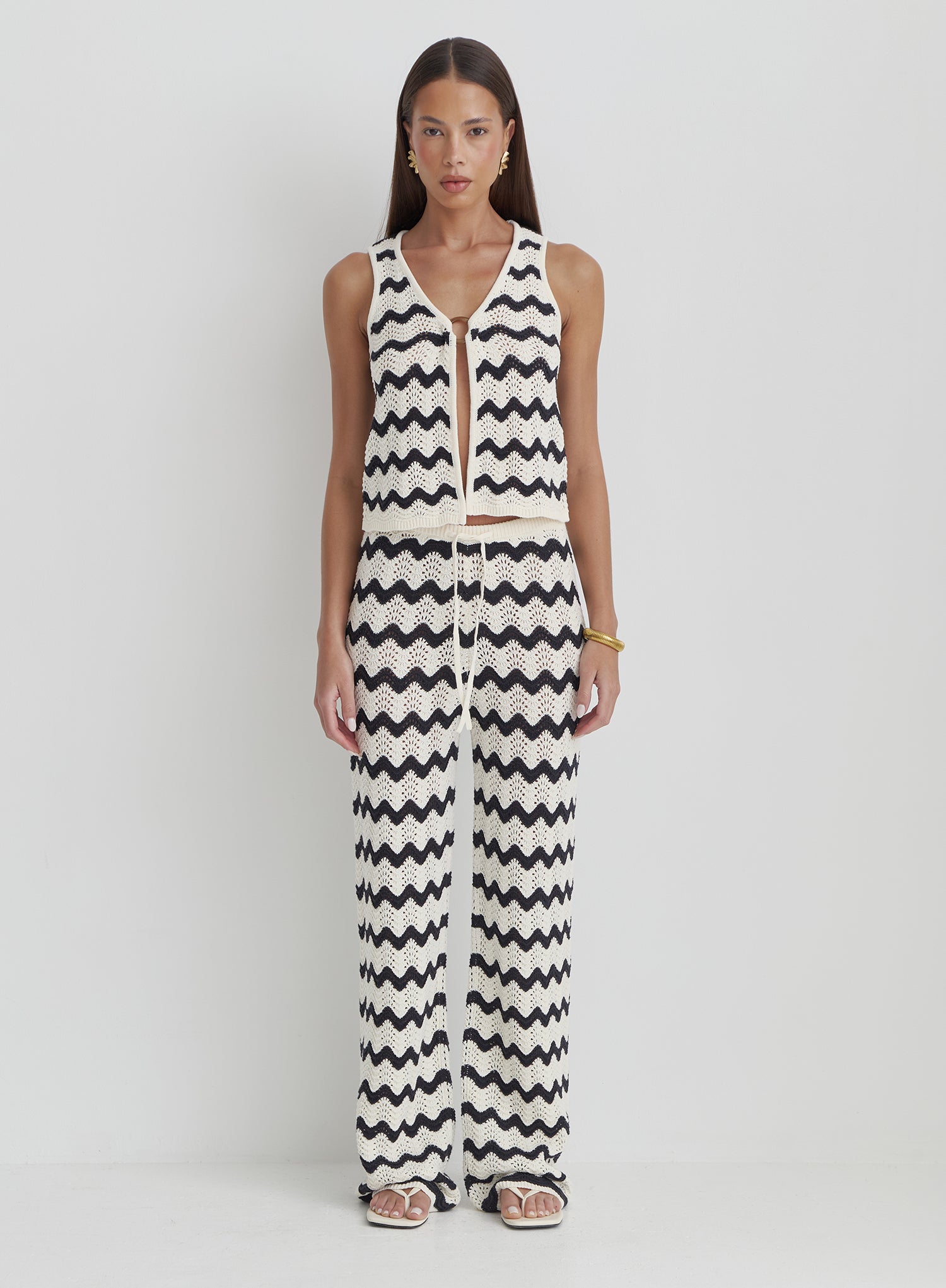 Navy And Cream Wave Crochet Trouser